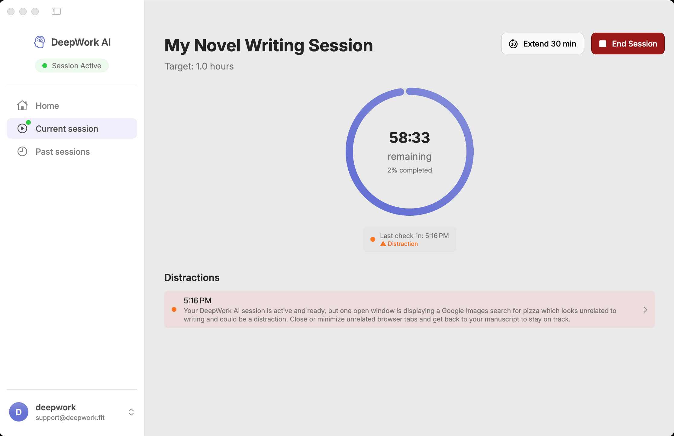 Deepwork AI live session screenshot